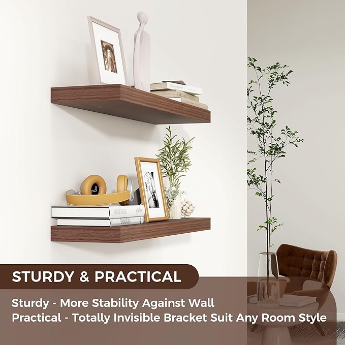 Venusmiles Floating Shelves for Wall 24 inch Long, Engineered Wood Wall Shelves with Invisible Brackets for Living Room Bedroom Bathroom Office Kitchen Decor and Storage, Walnut Finish, Set of 2