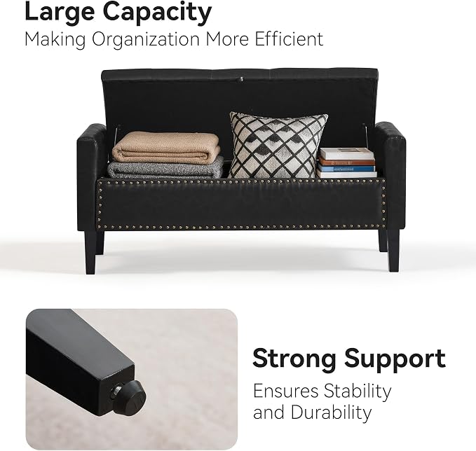 WUTUTUEE 47" Modern Water-Resistant Faux Leather Storage Ottoman Bench with Wooden Legs, Upholstered End of Bed Bench for Bedroom, Living Room or Entryway, Black