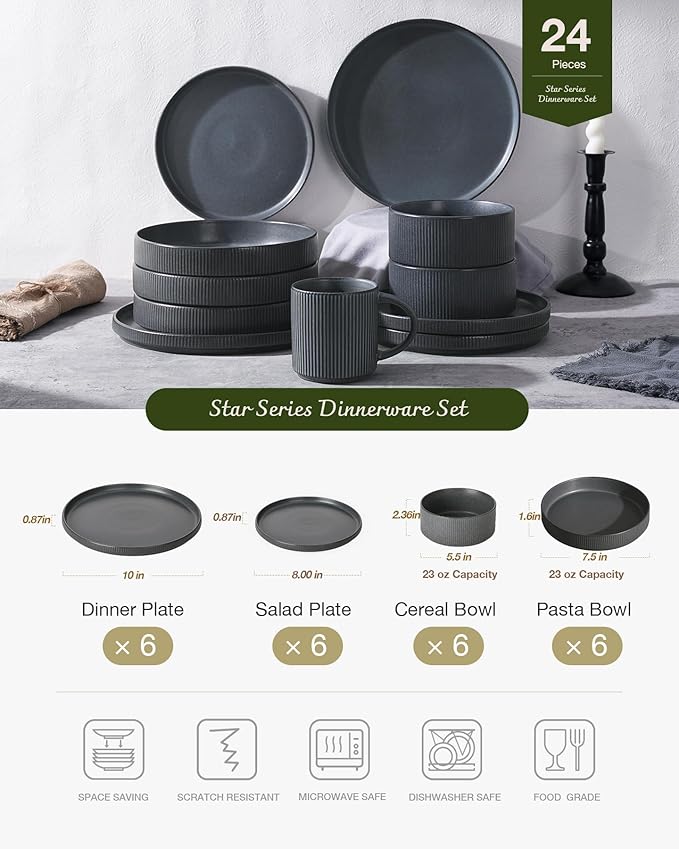 Famiware Star Dinnerware Set with Pasta Bowls, Service for 6 (24 Pieces), Ribbed Stoneware Plates and Double Bowls Sets - Chip & Scratch Resistant, Microwave & Dishwasher Safe, Matte Dark Charcoal