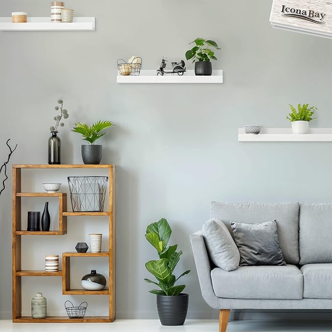 Icona Bay 24 Inch Floating Shelves for Wall - Set of 3 in Powder White - Modern Rustic Style - Wall Mounted Display Shelves - Picture Ledges