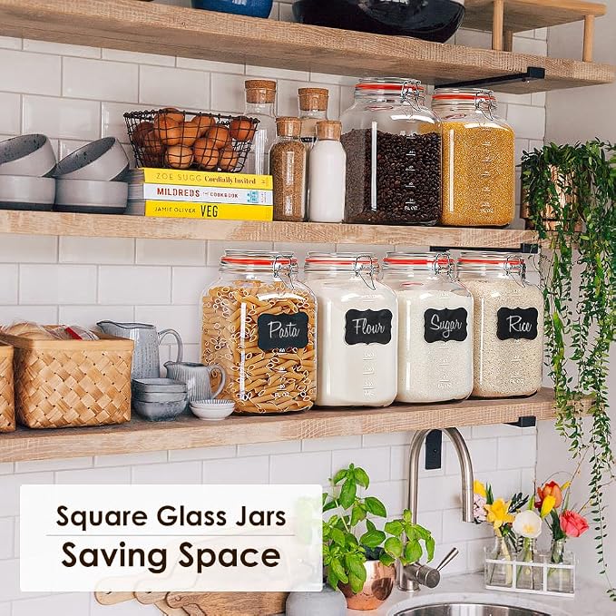 [UPGRADE] 2 Pack Square Super Wide Mouth Airtight Glass Storage Containers with Lids, 1.1 Gallon Glass Jars with 2 Measurement Marks, Canning Jars with Leak-proof Lid for Kitchen (Spare Gasket)