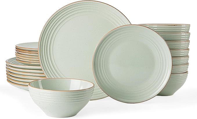 Famiware Jupiter 24-Piece Stoneware Dinnerware Set, Handcrafted Plates and Bowls with Speckles & Embossed Swirls, Chip/Scratch Resistant, Microwave/Dishwasher Safe, Rustic Dishes, Service for 8, Green