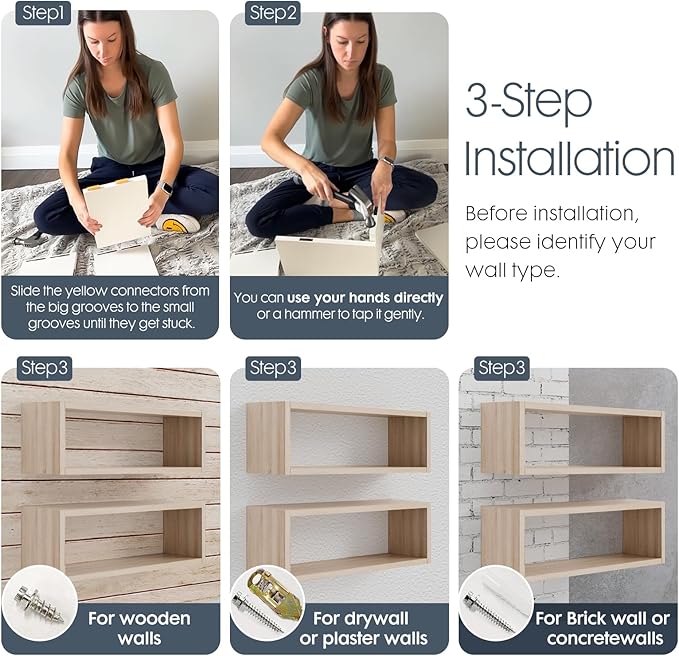 Kaboon 24in Floating Cube Shelves Set of 2, Display Shelves Wall Mount, Decorative Hanging Shelves for Kitchen Living Room Office,(Grey Oak, Rectangle 2 Cubes)