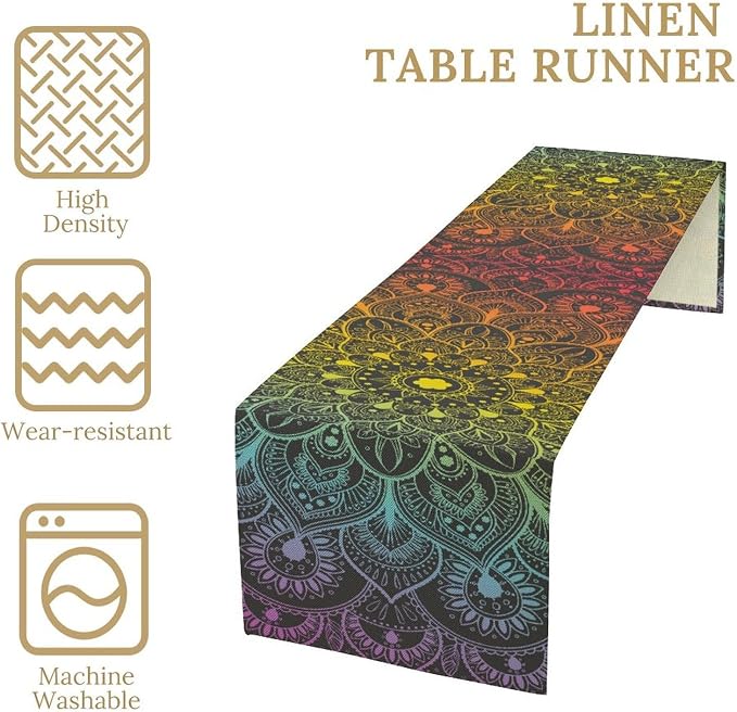 YCness Retro Ethnic Boho Table Runner, Mandala Hippie Art Mandala Rainbow Colorful Dining Room Kitchen Living Room Party Holiday, 13x36 Inch