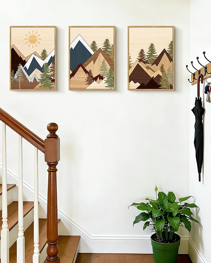 PHOPAGO Mountains Framed Wall Art Morden Boho Woodcut Pine Tree Forest Nature Landscape Artwork Bohemain Kitchen Farmhouse Rustic Home Decor - 11x14in Natural Framed