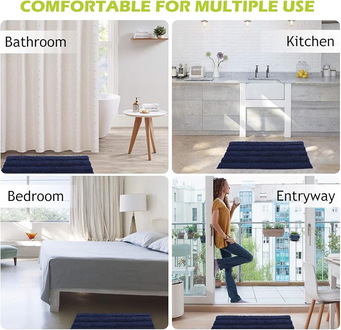 KGORGE Non-Slip Bathroom Rugs Set - Chenile Bath Mat Thick Shaggy Floor Cover Water Absorbent Quick Drying Shower Rug for Toilet Shower Kitchen, Navy Blue, 20" x 32" + 17" x 24", 2 Pcs