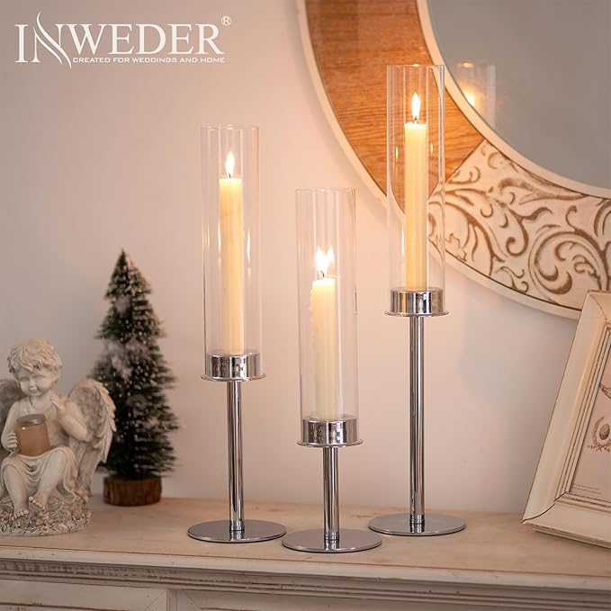 Silver Candle Holders for Candlesticks - Taper Candle Holders with Removable Glass, Tall Silver Candlestick Holders, Candle Stand Candle Sticks Long Holder for Table Centerpiece, Home, 18Pcs