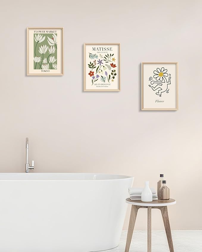 Framed Matisse Canvas Wall Art for Bedroom,Abstract Matisse Canvas Wall Decor,Minimalist Classic Decor Aesthetic,16x12IN Wood High Framed Design Posters for Living Room,Bathroom Set of 3