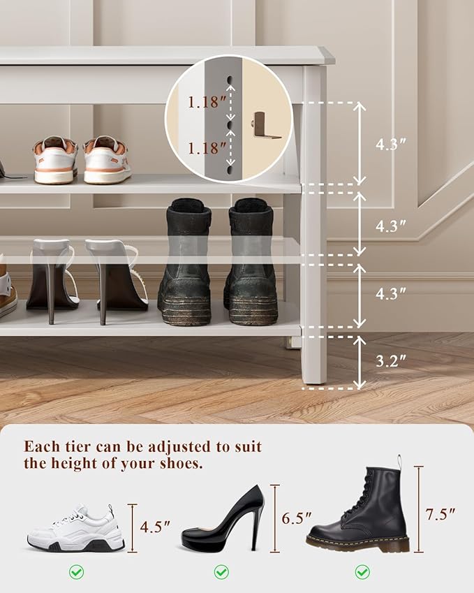 IUNVR Shoe Rack Bench Seat Rubberwood 3-Tier Wooden Storage Bench 550lbs Compact Mid-Century Modern Design for Entryway, Hallway, Closet, Front Door Entrance, Foyer