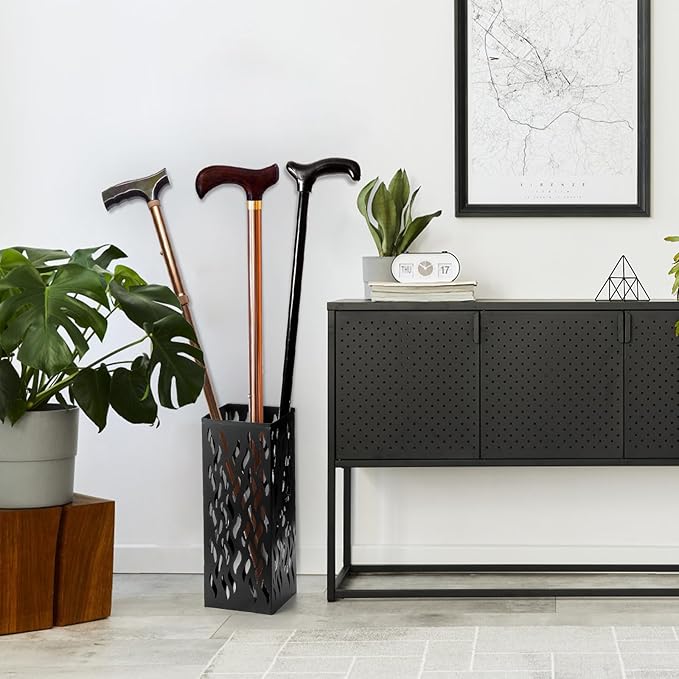 Noamus Metal Umbrella Holder, Heavy Square Canes Walking Sticks Stand Rack, Freestanding Rain Collection Umbrella Organizer, Black Umbrella Storage Bin for Entryway, Home, Office, 6.1"x6.1"x15.7"