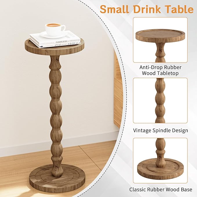 Rubber Wood Round Side Table, Solid Wood Small Drink Table for Small Spaces, Modern Accent Tables, End Tables for Living Room, Bedroom and Office (Brown, 9.4 Inch)