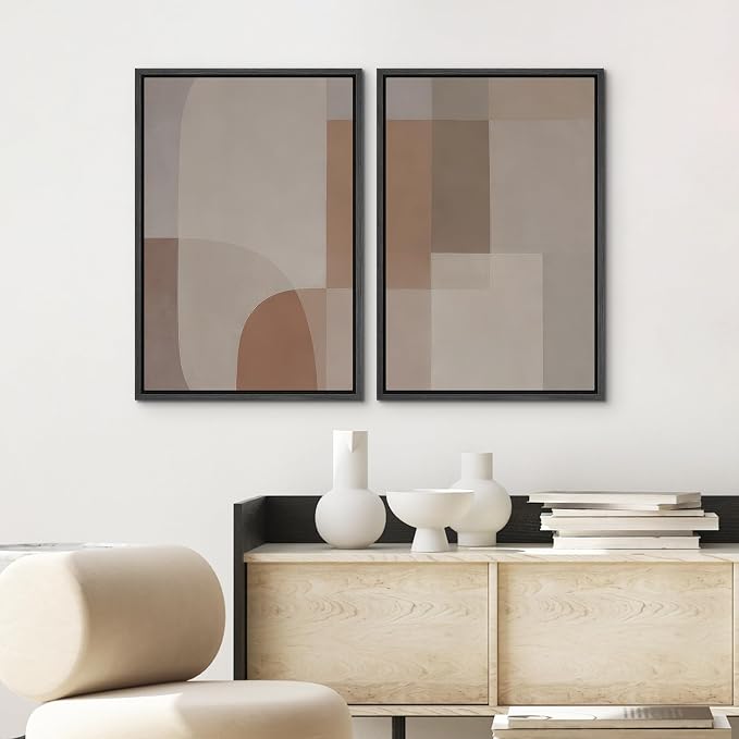 SIGNWIN Framed Canvas Print Wall Art Set Soft Beige Minimalist Abstract Shapes Illustrations Graffiti & Street Art Modern Art for Living Room, Bedroom, Office - 16"x24"x2 BLACK