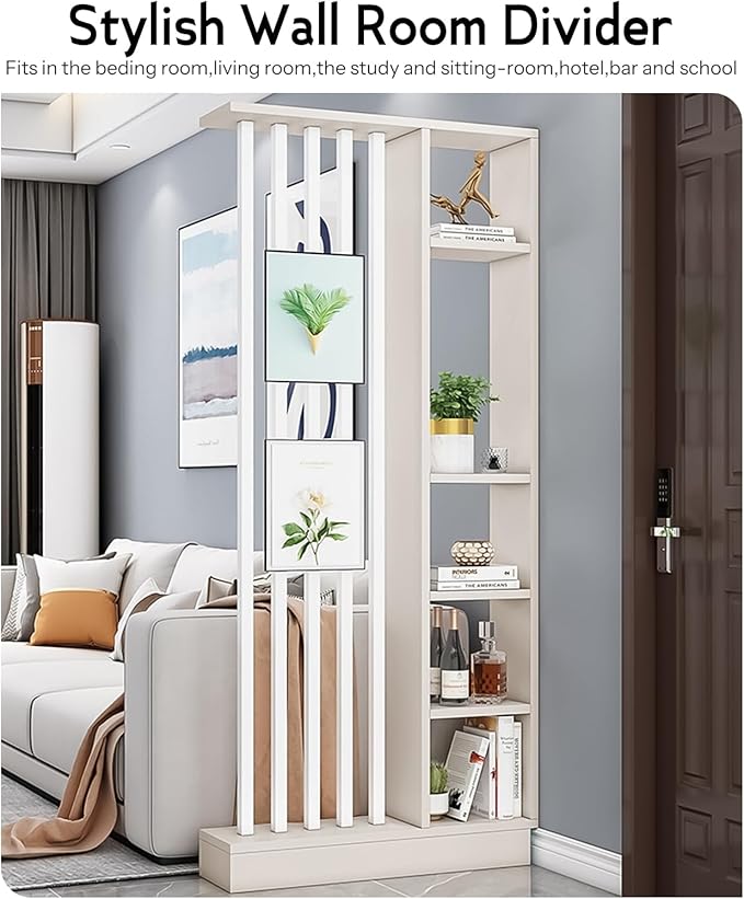 Wall Room Divider, Storage Cabinet Storage Display with Shelves, Modern Freestanding Wood Room Divider Screen, Wall Privacy Screens for Home Decorative (Beige+White,35.4" L x 9.5" W x 79.5" H)