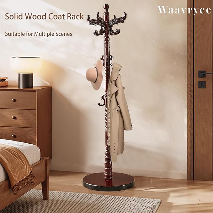 Wooden Coat Rack Stand, Natural Birch Wood Coat Rack Freestanding with Triangular Base, Sturdy Solid Wood Coat Racks with 14 Hooks, Vintage Coat Hall Clothes Tree for Entryway, Office, Corner