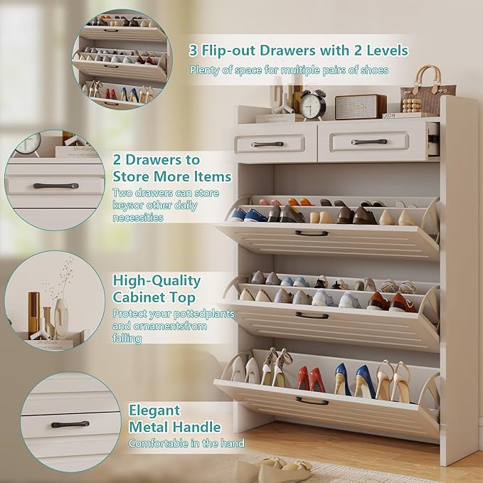 Shoe Cabinet with 3 Large Flip Drawers and 2 Storage Drawers, Narrow Shoe Organizer Cabinet Fits for Kinds of Shoes, Slim Shoe Storage Cabinet for Entryway, Hallway, White