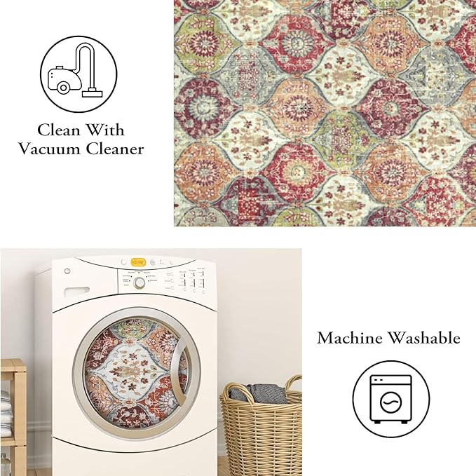 Lahome Moroccan Trellis Hallway Rug, 2x5 Washable Runner Rug Non Slip Kitchen Runners for Hallways, Ultra-Thin Vintage Carpet for Bedroom Bathroom Entryway Elise, Orange/Terracotta