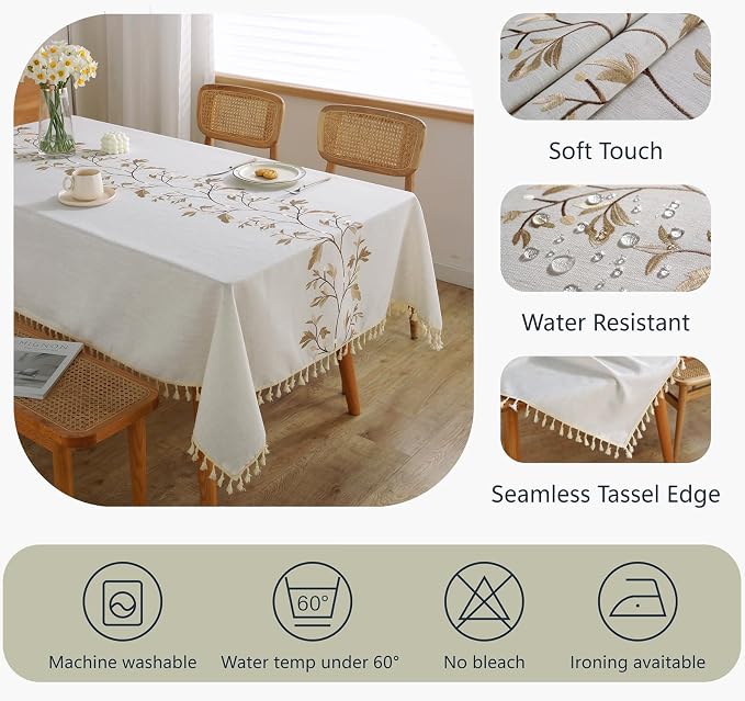 Alsoo Embroidered Tablecloth Rectangle 55 x 90 Inch, Farmhouse Otanical Floral Table Cloth Waterproof Washable Cotton Linen Fabric for Thanksgiving Spring Fall