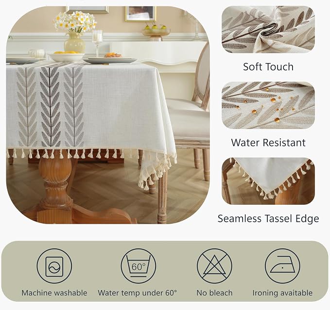 Alsoo Embroidered Tablecloth Rectangle 55 x 106 Inch, Farmhouse Otanical Floral Table Cloth Waterproof Washable Cotton Linen Fabric for Kitchen Dining Festival