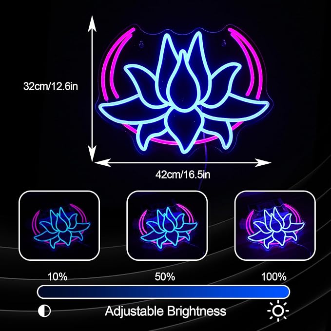 Moon Lotus Flower Neon Sign Led Blue Lotus light Up Sign for Bedroom USB Powered Moon Neon Light for Yoga Room Game Room Man Cave Wall Decor