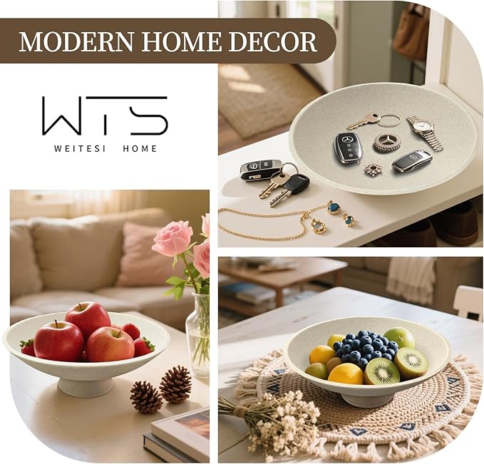Large Decorative Fruit Bowl for Kitchen Counter, Modern Resin Pedestal Bowl for Home Decor, Stylish Key Bowl for Entryway Table, Decorative Bowl for Coffee Table Decor, Artificial Stone Beige