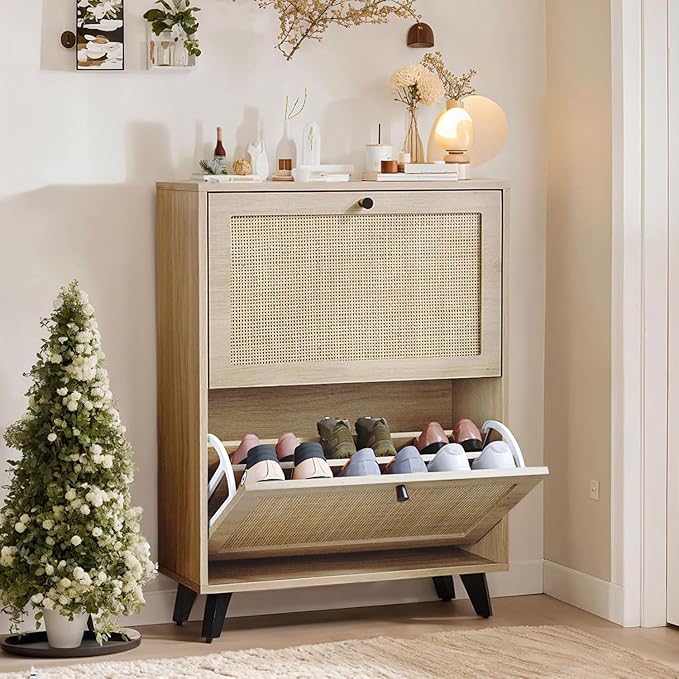 Angel Sar Rattan Shoe Cabinet for Entryway, Slim Shoe Storage Cabinet with 2 Flip Drawers, Hidden Shoe Organizer, Shoe Rack Cabinet with Metal Legs, Natural Wood