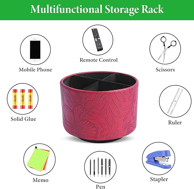 Round Leather Art Supply Organizer,Remote Control Holder,360 Degree Spinning,Multi-Functional Pencil Holder,4 Compartments Desktop Stationary Organizer(1-Carved Red)