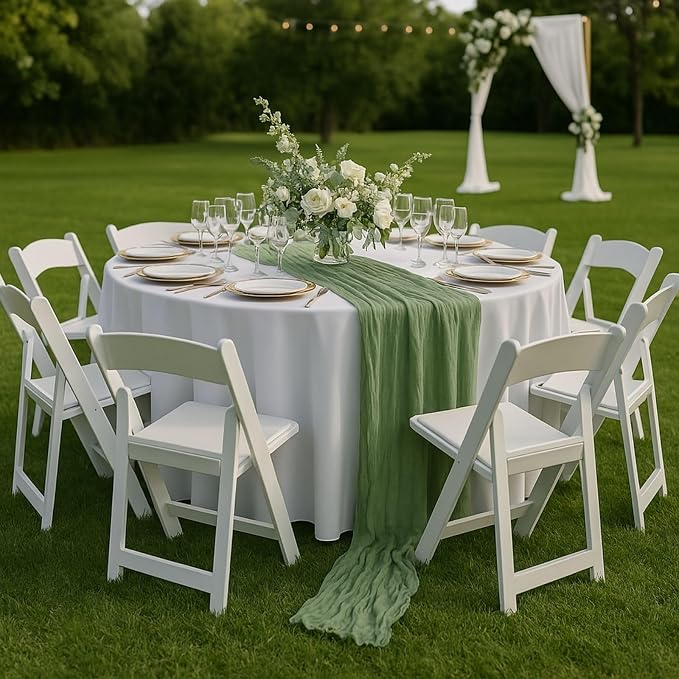 12 Pack Sage Green Cheesecloth Table Runners – 10FT Rustic Gauze Bulk Set for Wedding Reception, Woodland Baby Shower, Garden Party, or Boho Spring Event Decor