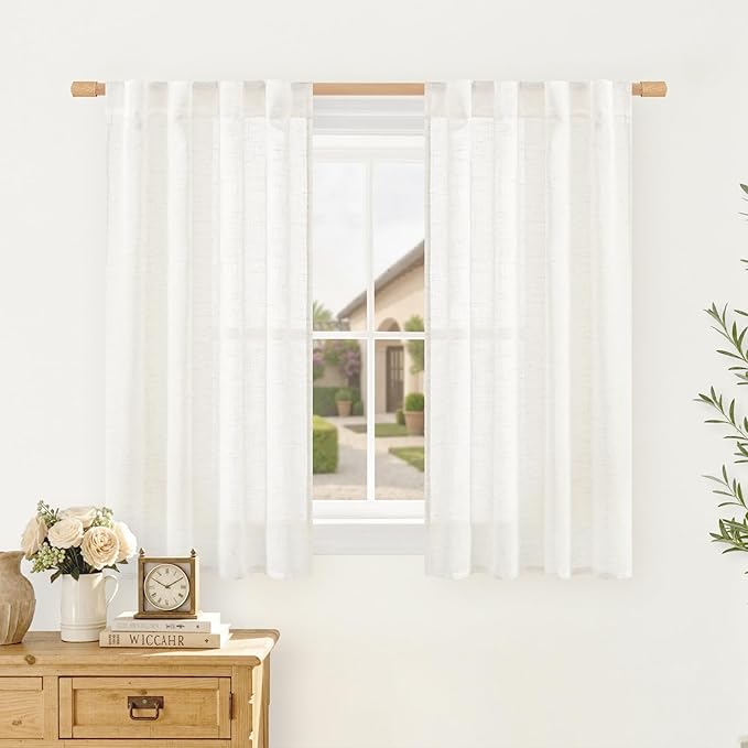 LAMIT Natural Linen Curtains for Small Windows 45 Inch Length, Light Filtering Short Window Drapes Back Tab and Rod Pocket Sheer Curtains for Bathroom/Bedroom/Basement, Set of 2, 34 x 45 Inch