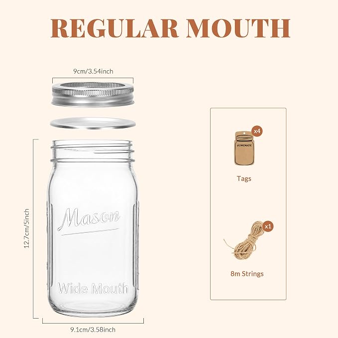CycleMore Mason Jars 32 oz, 2 Pack Embossed Glass Jars with Silver Split Lids, Quart Mason Jars with Measurement Lines and for Sourdough Starter, Pantry Storage, Pickles and Gifts