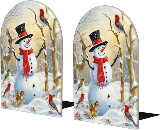 Christmas Snowman Winter Birds Snow 2 Pack Wood Decorative Bookends 6.7x4.2 in, Book Ends for Home Office Library Shelves Decor Room Kitchen Desktop