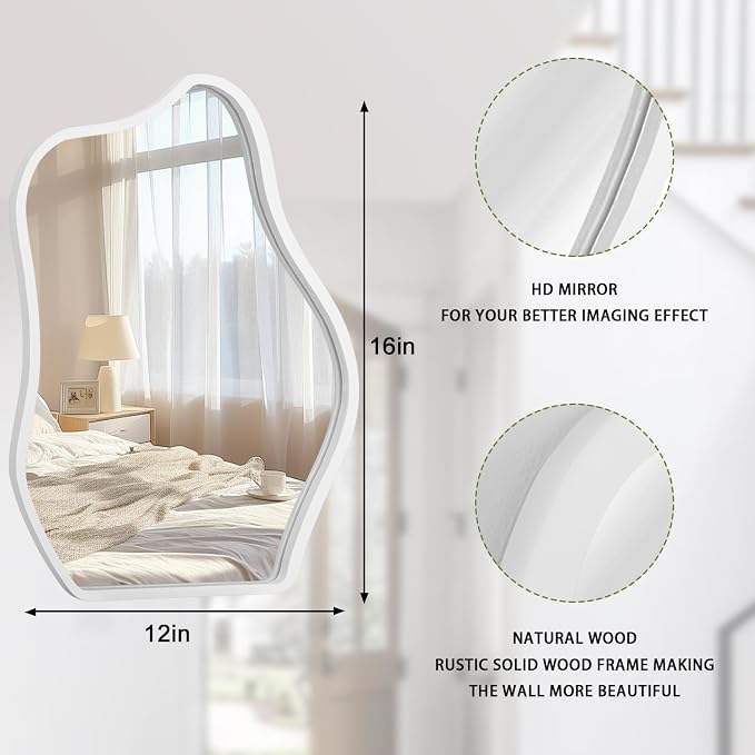 Wood Frame Hanging Mirror Asymmetrical Irregular Wall Mirror Unique Shape Modern Mirror Artistic Cloud Decorative Mirror for Living Room Bedroom Vanity Bathroom Entryway Hallway White