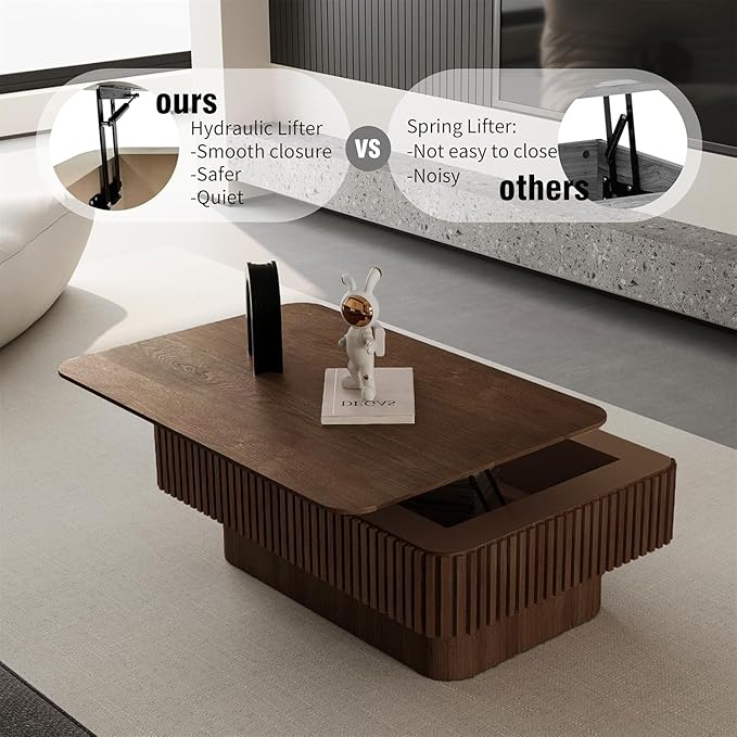LKTART Lift Top Coffee Table for Living Room, Mid Century Modern Coffee Table with Hidden Storage, Solid Wood Veneered Rectangle Center Tea Table for Small Space Apartment (38.6''L×14''H-Walnut)