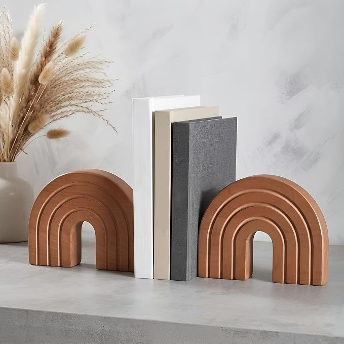 2Pcs Boho Decor Book Ends, Minimalist Wooden Arch Bookends for Shelves - Modern Farmhouse Decor for Living Room, Bedroom, Office & Dining Table