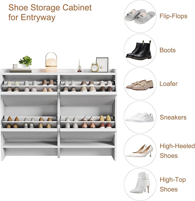 GarveeHome Shoe Cabinet with 4 Flip Drawers, Wooden Shoe Organizer Cabinet with Adjustable Shelf, Shoe Storage for Entryway, Hidden Shoe Cabinet for Hallway, Living Room, White