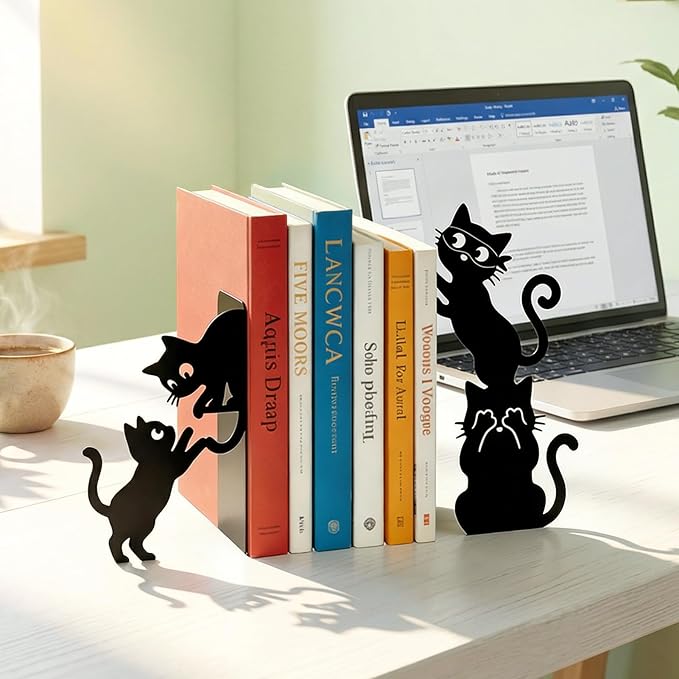 Sanwarm Metal Bookends Cat Black Funny Book Ends Decorative Bookend for Home Office Library Desk Book Shelves Decor, Gift for Reading Enthusiasts Non-Skid Book Stoppers Holder (1 Pair)