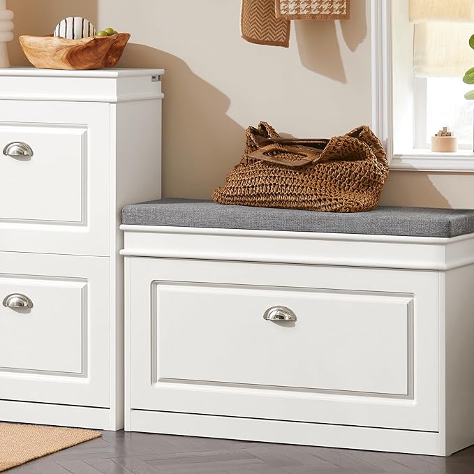 Haotian Shoe Storage Bench with Cushion, White Narrow Shoe Rack for Entryway, Small Shoe Cabinet with Flip-Drawer, Closet Hallway Mudroom FSR82-L-W