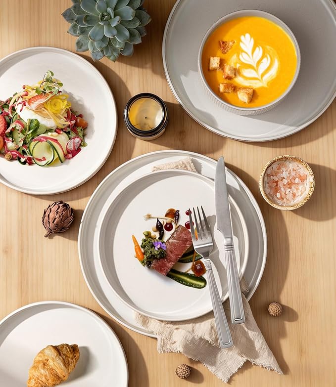 GBHOME Stoneware Dinnerware Sets for 4, 12 Pieces Ceramic Ribbed Plates and Bowls Set, Reactive Glaze Stackable Plate Sets, Scratch Resistant Dishes, Microwave & Dishwasher Safe, Cream