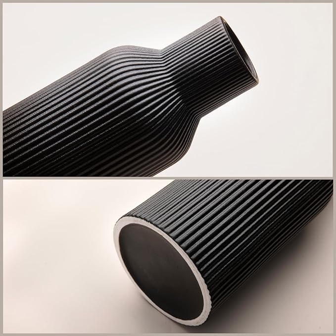 Black Ceramic Vases Set of 3, Modern Matte Round 3D Vertical Ribbed, Nordic Minimalist for Pampas Grass, Dried & Fresh Flowers, Centerpiece for Living Room, Shelf, Entryway, Wedding
