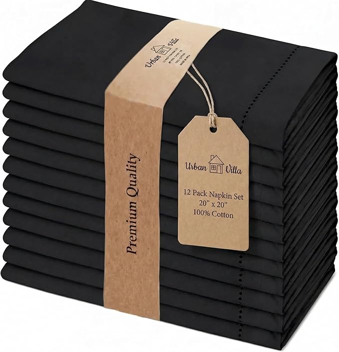 Urban Villa Cloth Napkins 100% Cotton Highly Absorbent Washable Reusable Premium Dinner Napkins Ideal for Gifts for Mothers Day Hotel Farmhouse Parties - Black - Hemstitch (20" x 20", Set of 12)