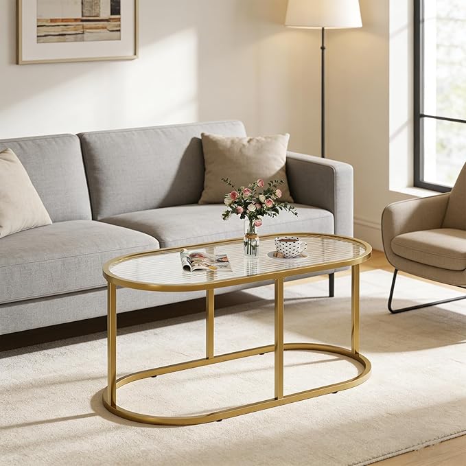 Coffee Table Gold Glass Coffee Table for Living Room, Oval Table Center Table with Ribbed Glass Top and Sturdy Metal Frame,Modern Glass Accent Tables for Bedroom Home Office