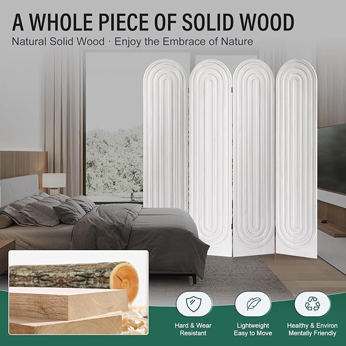 Room Divider and Folding Privacy Screen 4 Panel Wood Arched Room Divider Wall, Separators Divider for Room Separation, Folding Portable Partition Screen for Home Office Bedroom (White)