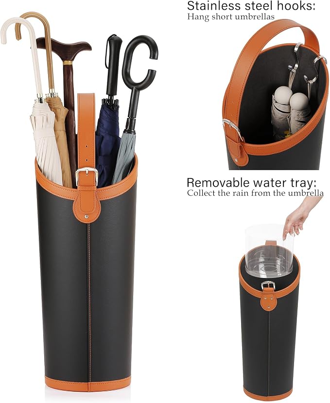 Faux Leather Large Umbrella Holder Entryway，Modern Black Umbrella Rack Stand Indoor