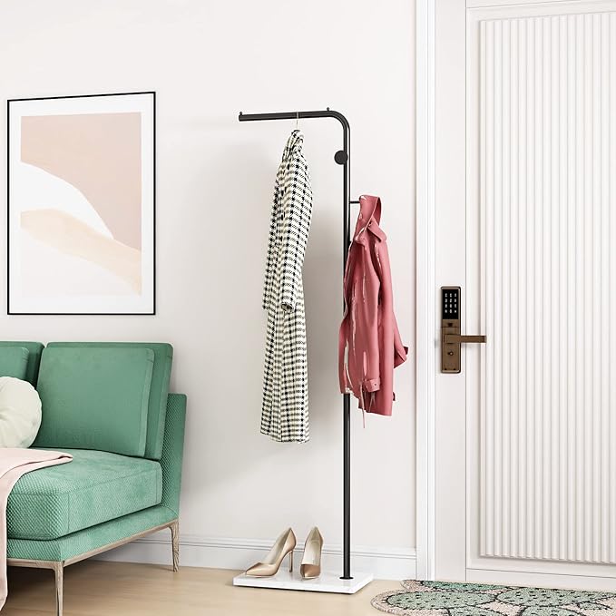 DOORXIFO Black Coat Racks with White Base, Entryway Coats Racks Freestanding with 3 Hooks, L Shape Home Coat Hanger for Jackets, Coats, Hats, Clothes