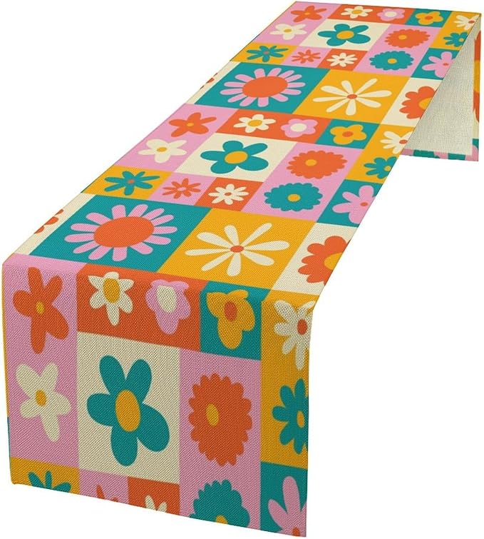 Vintage Groovy Floral Table Runner Boho Retro Hippie Seasonal Spring Garden Flowers Geometric Checkered Dinner Runner for Home Kitchen Dining Table Party Holiday Decor 13"x60"