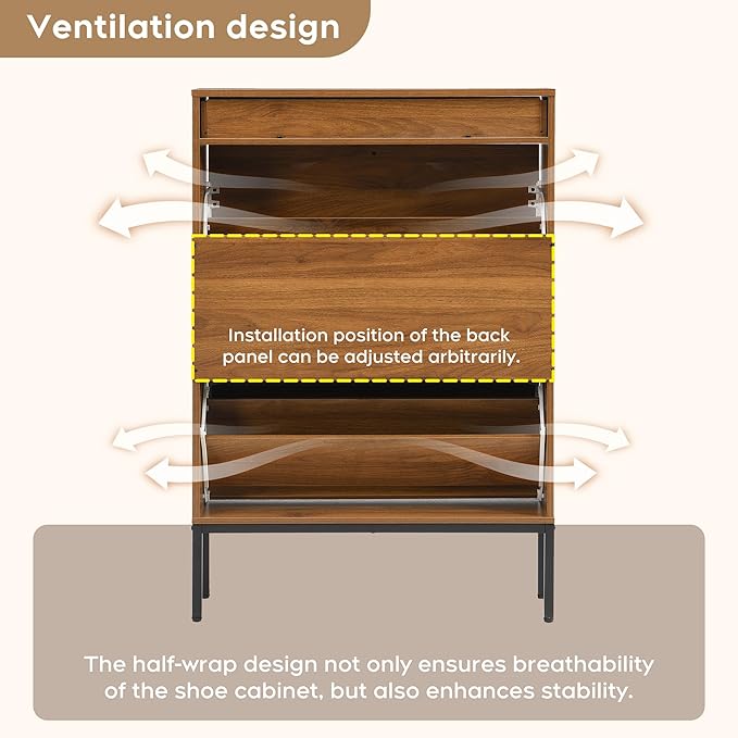 Brafab Shoe Rack Storage Organizer, Shoe Storage Cabinet with 2 Flip Drawers&1 Small Drawer, Slim Entryway Shoe Organizer with Sun Pattern Doors,Walnut