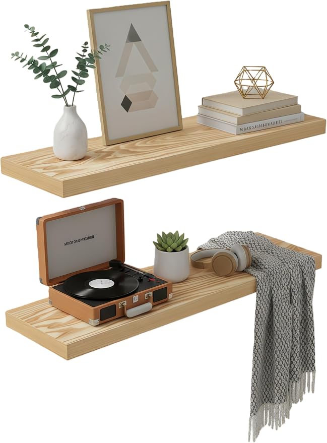 Lufia Floating Wall Shelves, Set of 2, MDF with Invisible Brackets, Modern Storage for Bedroom, Bathroom, Living Room, Kitchen (Oak, 24" W x 7" D x 1.5" H (2 Pieces))