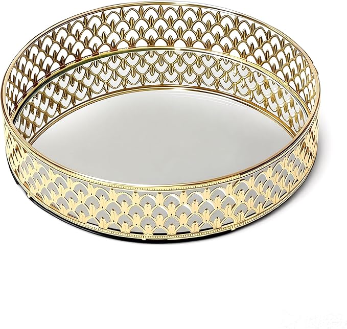 Glass and Gold Round Tray，Dinner Plate Perfume and Vanity Tray Decorative Mirrored Vanity Tray with Gold Metal Cutout Design, Glass and Metal Jewelry Organizer (10 Inch Round)