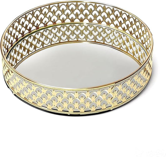 Glass and Gold Round Tray，Dinner Plate Perfume and Vanity Tray Decorative Mirrored Vanity Tray with Gold Metal Cutout Design, Glass and Metal Jewelry Organizer (10 Inch Round)