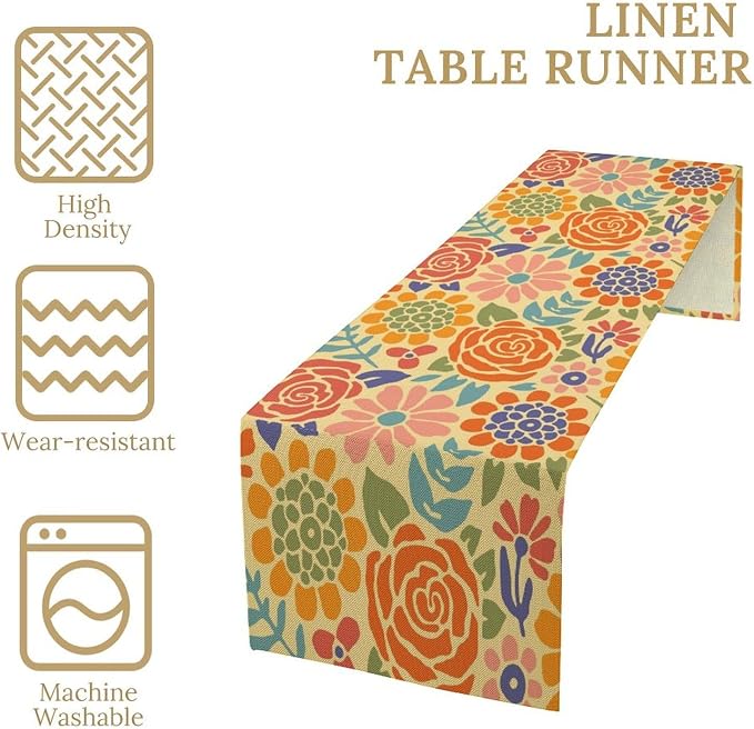 Vintage Groovy Floral Table Runner Boho Retro Hippie Seasonal Spring Summer Garden Flowers Dinner Runner for Home Kitchen Dining Table Party Holiday Decor 13"x70"