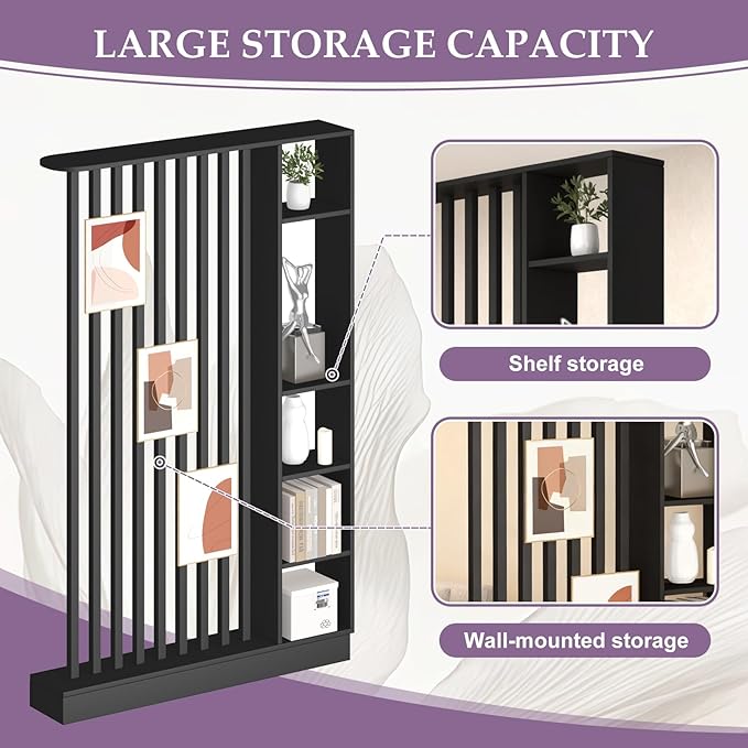 Wall Room Divider, Freestanding Wood Room Divider Shelf with Shelves, Divider Screen Separator Screen with Storage, Wall Divider for Room Separation, for Home Office (Black, 47.2x9.4x78.7in)